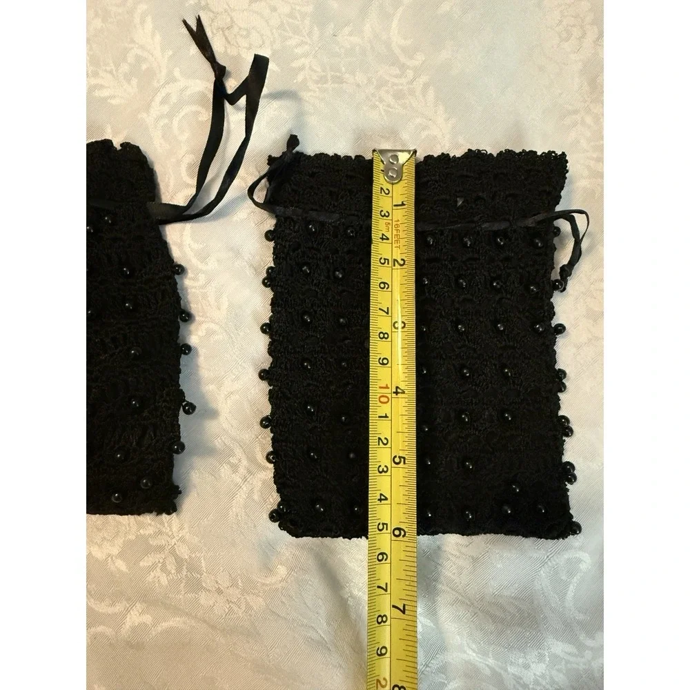 Lot Of 2 Black Crochet Lace Beaded Knit Drawstring Jewelry‎ Holder Bag Pouch